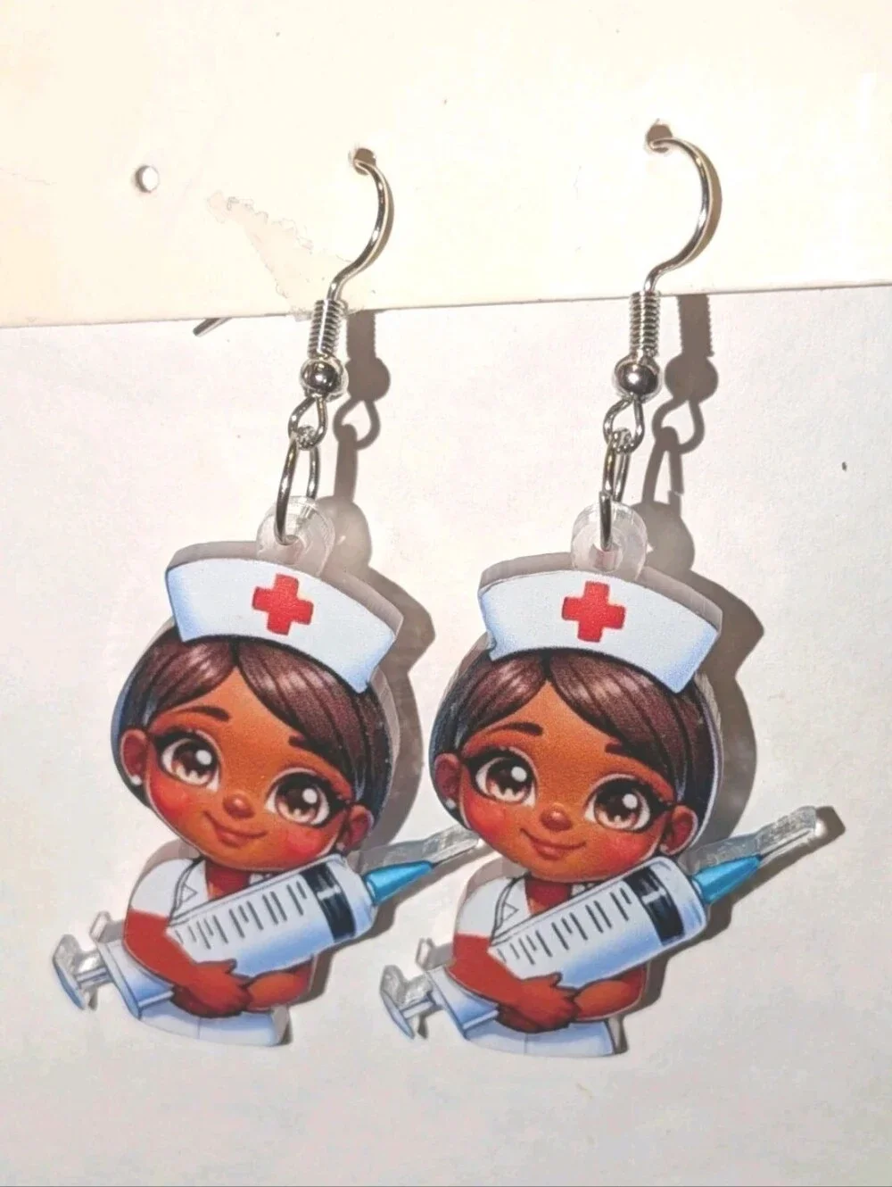 Hand Crafted Cute Nurse Acrylic Dangle Earrings - Brown Skin, White & Red